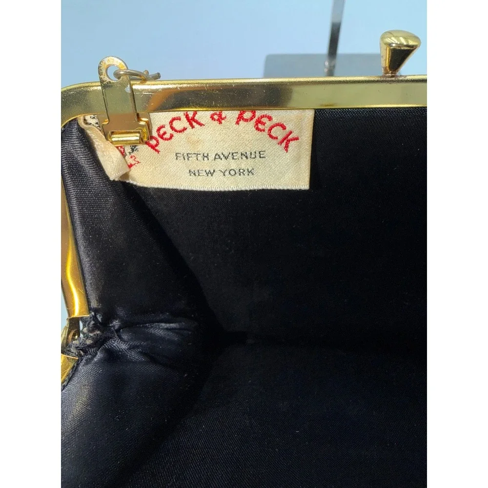 Peck & Peck Vintage Fifth Avenue Black Silk Crepe Bow Evening Bag Gold Chain